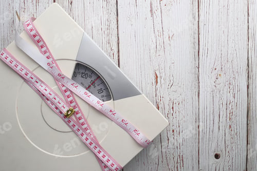 Preview: A Bathroom Scale paired with a Measuring Tape, both positioned gracefully on a Wooden Background