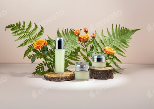 Preview: glass cosmetic bottles on a wooden podium surrounded by fern leaves and rose flowers