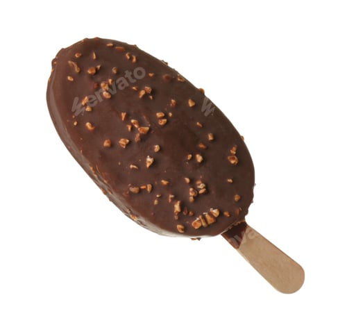 Preview: Woman holding delicious ice cream with chocolate against white background