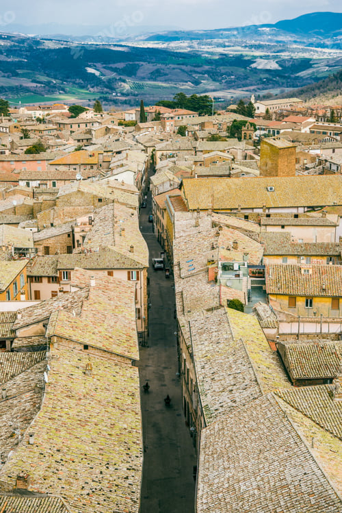 Preview: aerial view of street with cars and buildings in Orvieto, Rome suburb, Italy