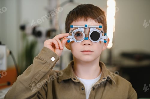 Preview: Boy undergoing eyesight examination using trial frame in ophthalmology clinic