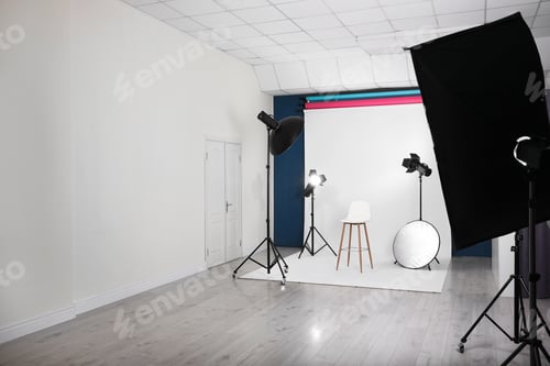 Preview: Photo studio interior with set of professional equipment