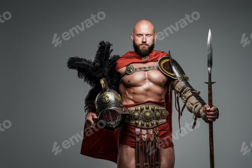 Preview: Confident bald gladiator with light armor holding a spear and gladiator helmet
