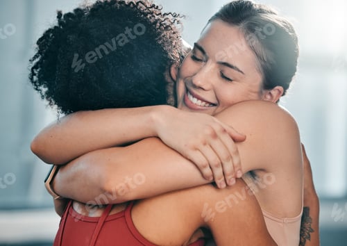 Preview: Fitness, women or friends hug at gym for support after workout, sports exercise or training. Happy