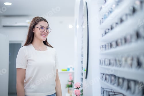Preview: Woman optical shop customer doing chooses buy new glasses in the store with different desire models