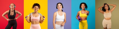 Preview: Women in activewear posing against colorful backgrounds while exercising