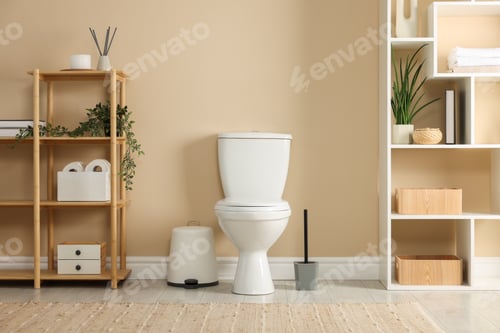 Preview: Toilet bowl, brush and necessities near beige wall in restroom
