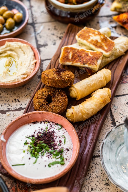 Preview: Fried cheese and falafel with sause in Turkish Village Breakfast. Top view