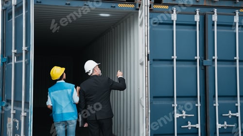 Preview: Engineer or foreman checking inside cargo container at a harbor.