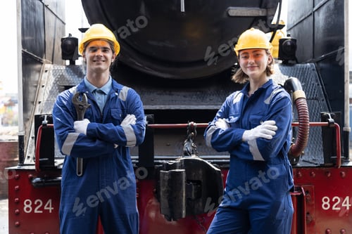 Preview: Portrait of Engineer train Inspect the train's diesel engine, railway track in depot of train