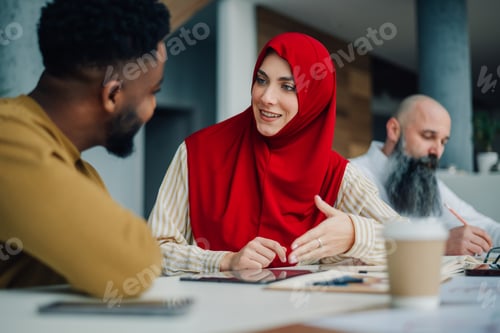 Preview: Muslim businesswoman wearing hijab and discussing with african american colleague