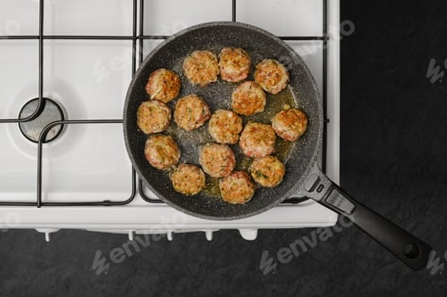 Preview: Cooking meatballs on gas stove in frying pan
