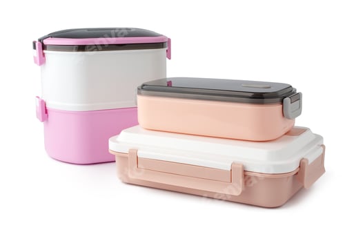 Preview: Close up of food containers isolated on white background.