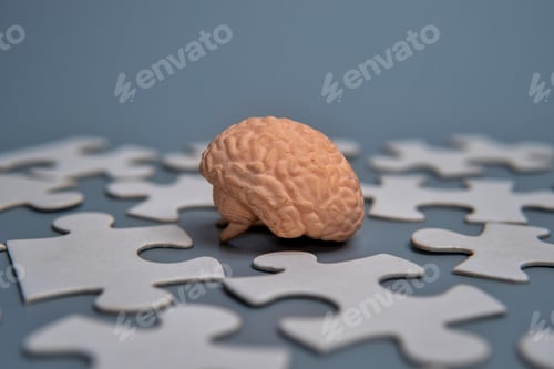 Preview: Model of a human brain surrounded by scattered puzzle pieces.