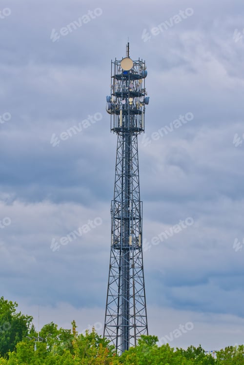 Preview: telecommunications tower with many antennas, steel structure tower