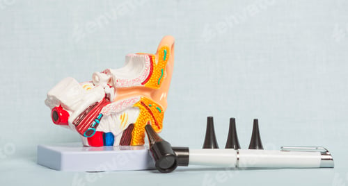 Preview: Otoscope and anatomical model of human ear representing ear examination