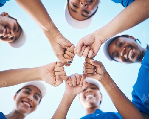 Preview: Sports, fist and portrait of baseball women below for support, teamwork and goal collaboration. Fit