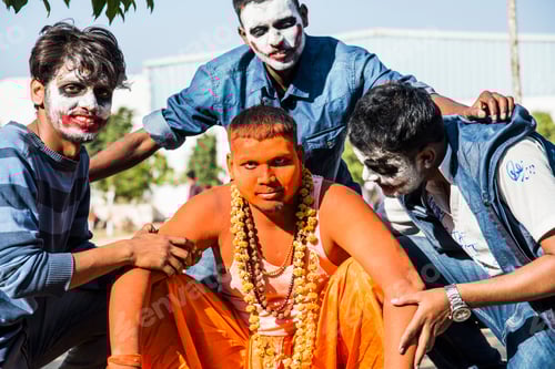 Preview: Portrait of blood thirsty vampire bites to man, Horrible scary Indian zombie.