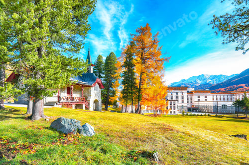 Preview: Awesome autumn scene in Swiss Alps and Maloja Palace.