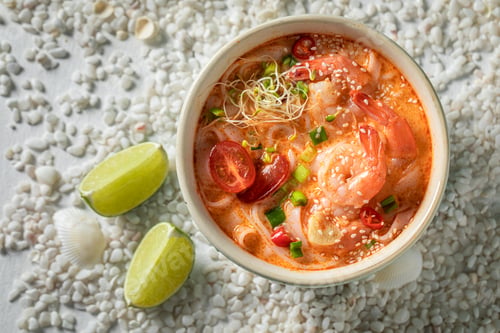 Preview: Tasty Tom Yum soup on white stones with seashells