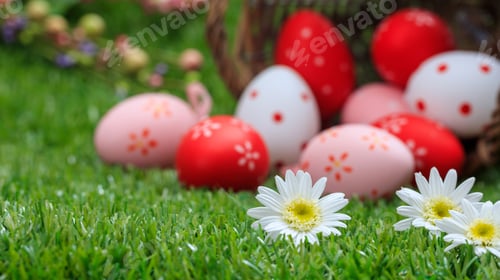 Preview: Easter concept. White daisies on green grass, blurred easter eggs background.