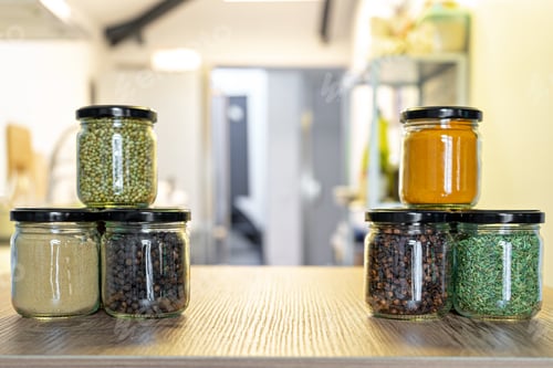 Preview: different spice and herb in glass jars for cooking, indian spices, multi colored