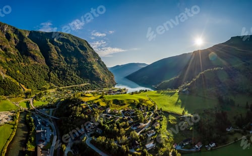 Preview: Aurlandsfjord Town Of Flam at dawn.