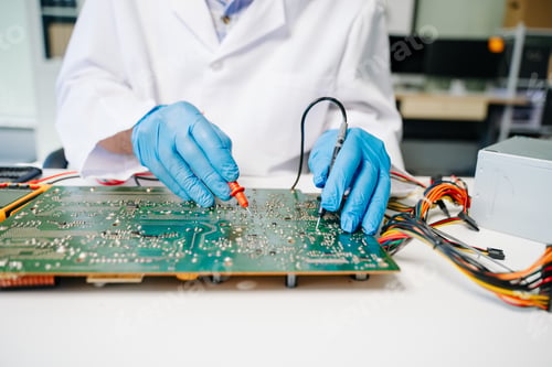 Preview: The technician repairing the motherboard in the lab with copy space. the concept