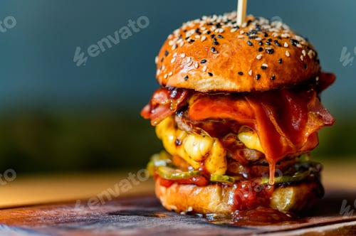 Preview: Close up tasty burger with minced meat served on tray