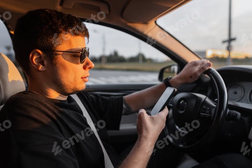 Preview: Handsome stylish successful hipster man with car