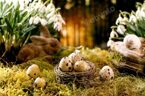 Preview: Easter card with blossom spring flowers snowdrops in forest