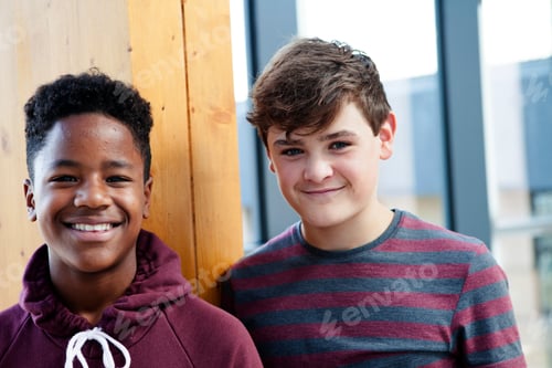 Preview: Portrait of two teenage schoolboys in corridor