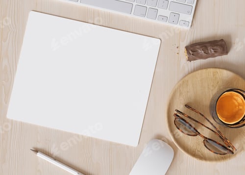 Preview: Blank and white computer mouse pad on the desk at home. Mousepad mockup. Copy space