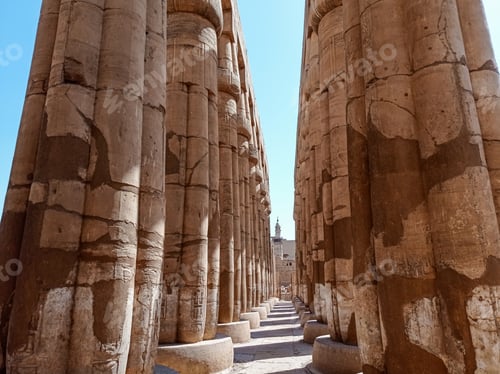 Preview: Ruins of an ancient egyptian temple with columns full of hieroglyphs, damaged by the sandin Egypt