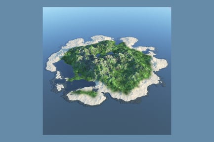 Preview: Island Terrain, Irregular Green Landmass with Mountains and Calm Blue Waters