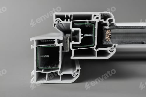 Preview: Sample of modern window profile on grey background, closeup