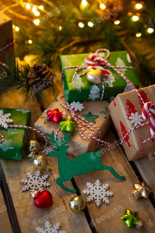 Preview: Festive Presents and Decorations on Wood Planks