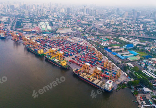 Preview: container cargo ship in the export and import business and logistics. Shipping to the harbor