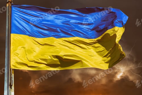 Preview: National yellow blue flag of Ukraine in the lightning storm