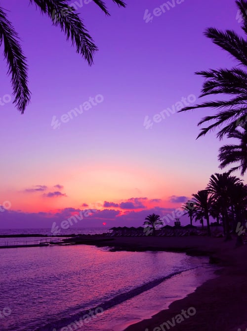 Preview: Beautiful purple sunset over the tropical beach