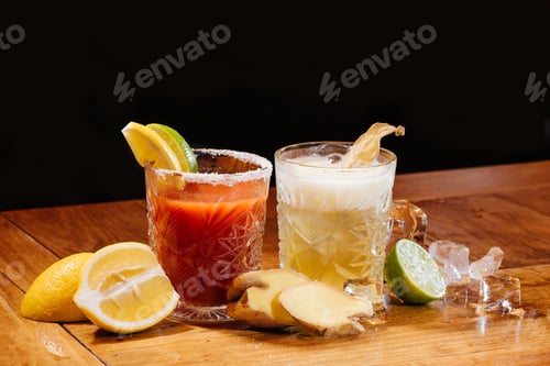 Preview: glasses with counter alcoholic cocktails on wooden table, bloody mary and ginger nail cocktails