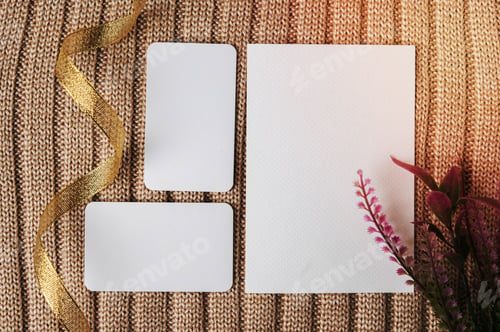 Preview: Selection of blank cards on a beige mat with a golden ribbon and flowers next to it, with copy space