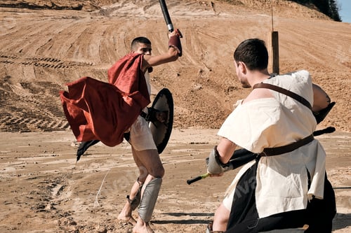 Preview: A Concept Photo Of A Roman Battle Of Two Warriors Of The Colosseum In Action With Aggressive