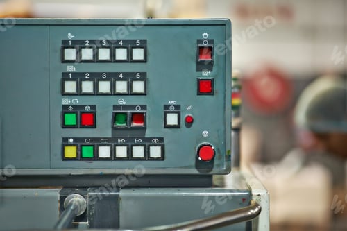 Preview: Industrial Control Panel with Buttons in Workplace Setting
