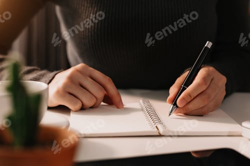 Preview: businessman hand working with new modern computer and writing on the notepad strategy diagram