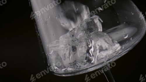 Preview: Ice cubes falling empty wineglass on black background closeup. Fresh beverage.