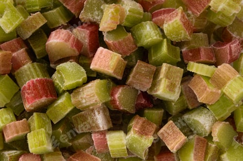 Preview: Freshly peeled chopped rhubarb stalks. Frozen food. Save for cooking later.