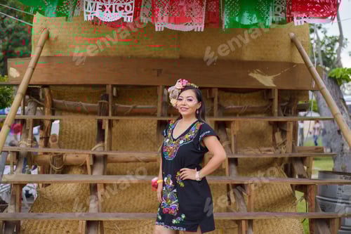 Preview: Mexican woman wearing traditional dress with multicolored embroidery celebrating independence day.