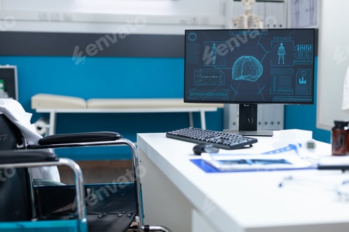 Preview: Empty bright hospital office room equipped with medical examination equipment