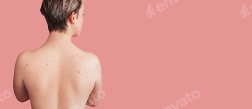 Preview: The back of a young woman with moles on the background. Without filters. Panoramic banner. A place